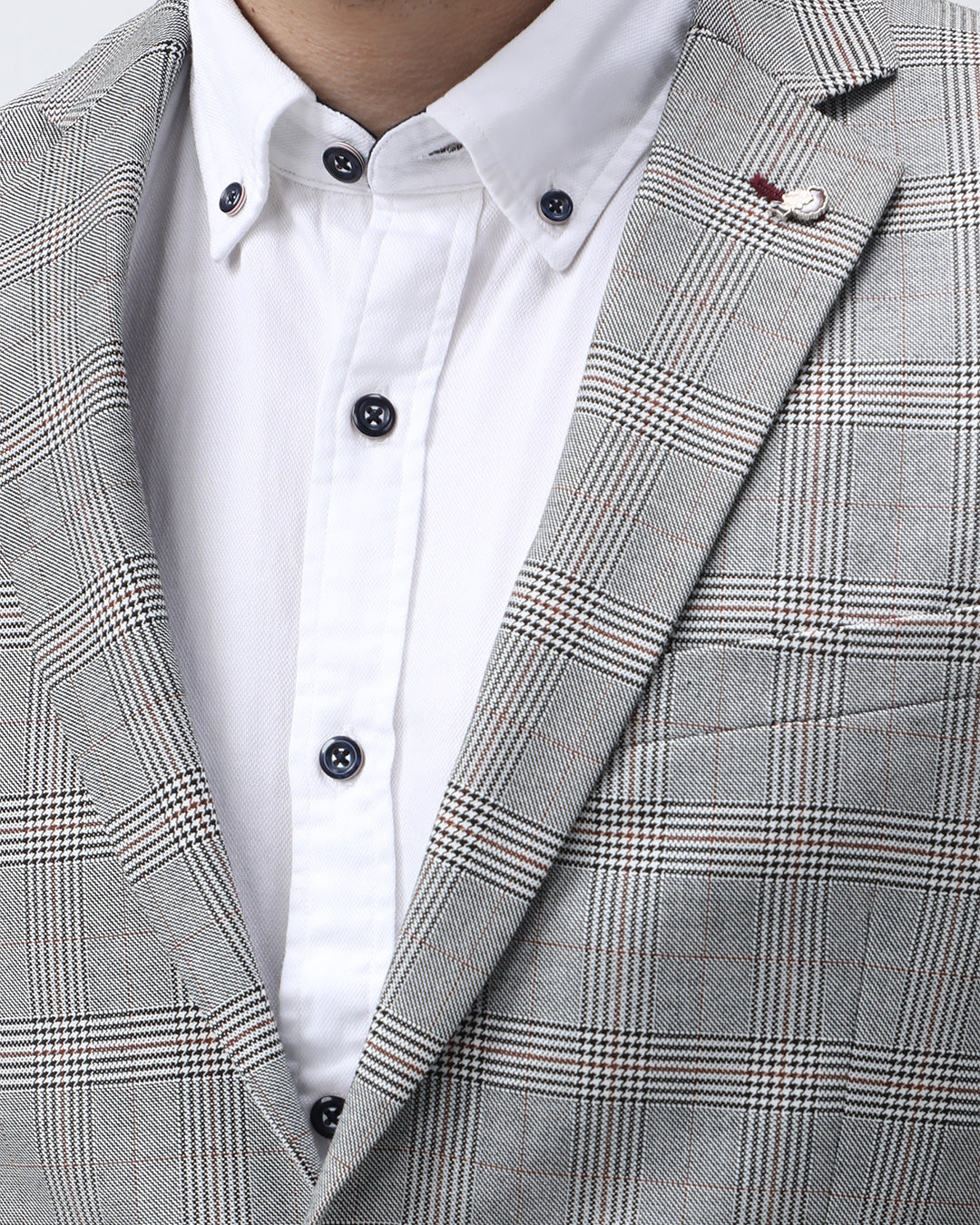 Bare Brown Casual Checkered Blazer - Grey