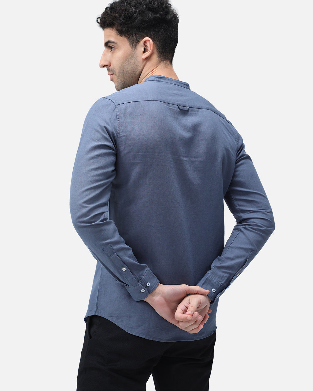 Bare Brown Mandarin Collar Cotton Linen Shirt, Slim Fit with Full Sleeves - Blue