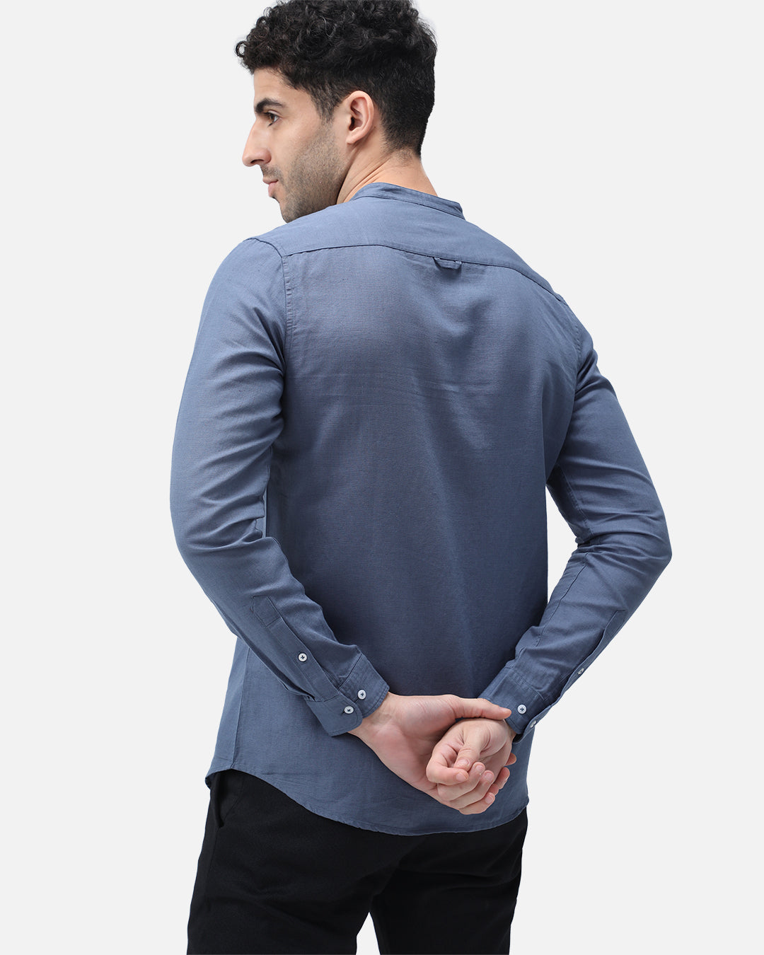 Bare Brown Mandarin Collar Cotton Linen Shirt, Slim Fit with Full Sleeves - Blue