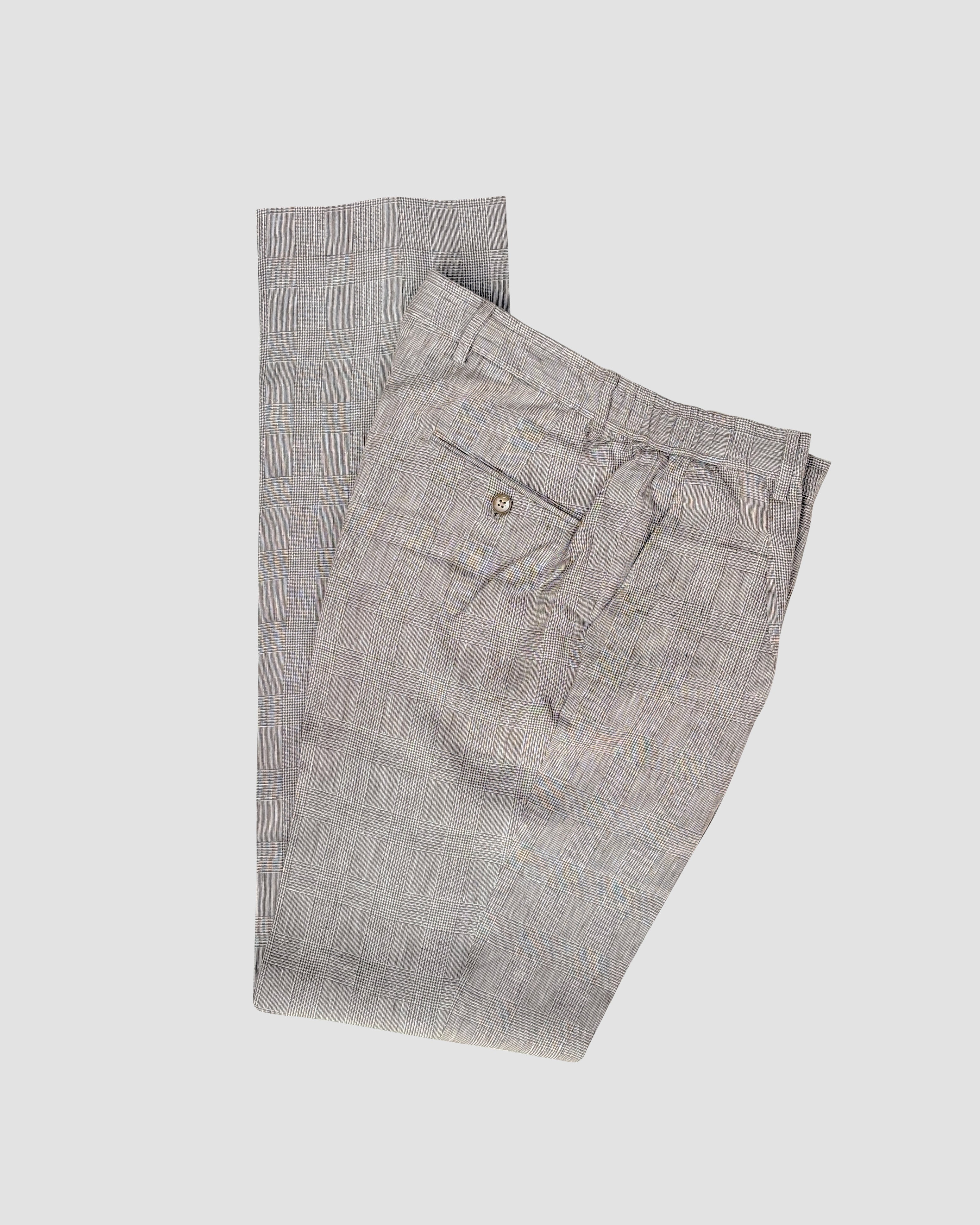 Bare Brown Relax Fit Linen Check Trouser with side Elastic - Brown