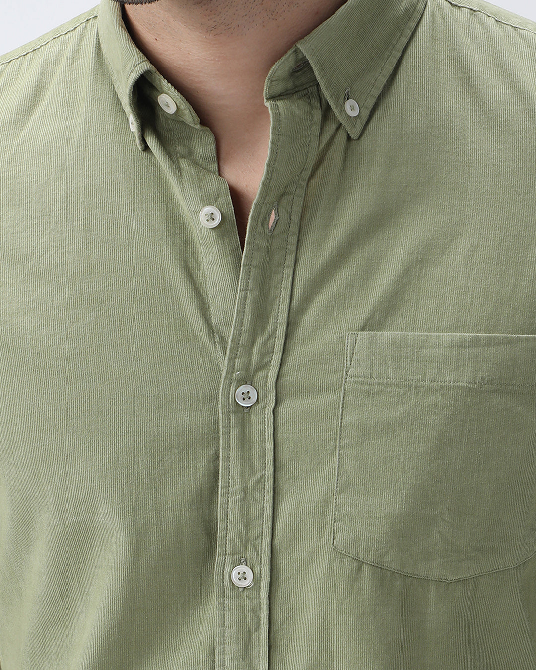 Bare Brown Corduroy Cotton Shirt, Slim Fit with Full Sleeves - Green