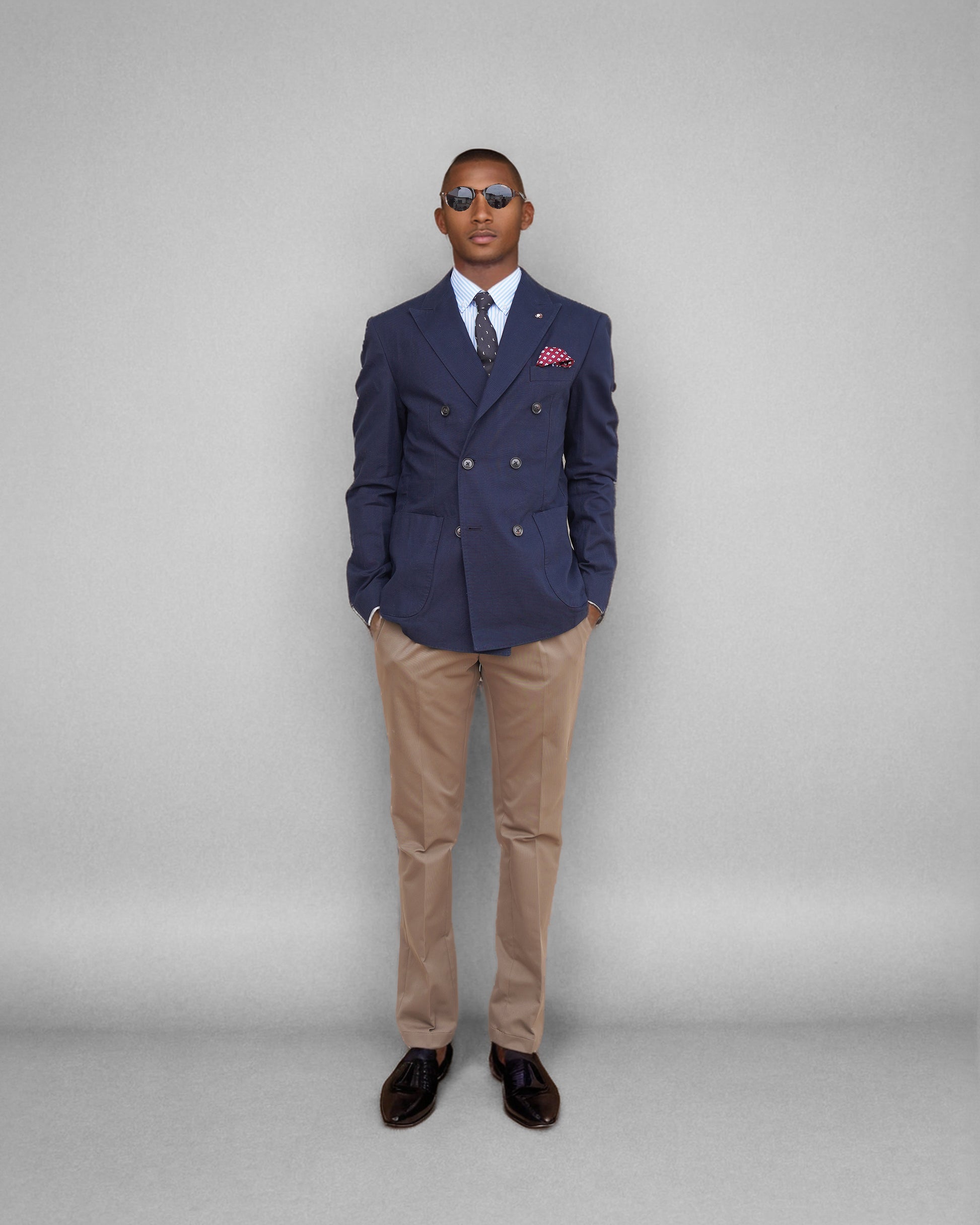 Bare Brown Casual Checkered Woven Blazer - Navy