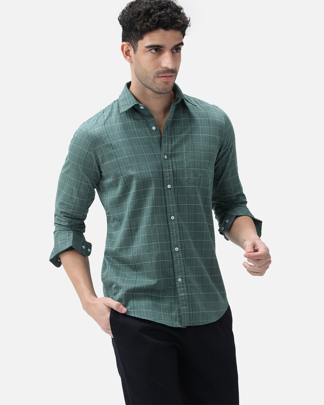 Bare Brown Checkered Cotton Green Shirt