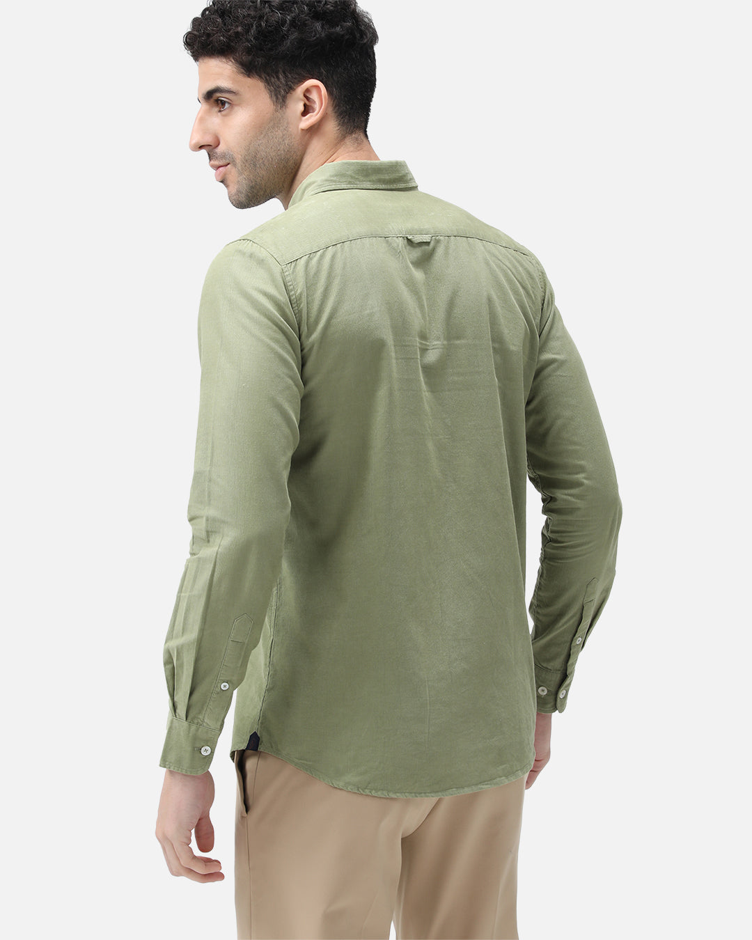 Bare Brown Corduroy Cotton Shirt, Slim Fit with Full Sleeves - Green