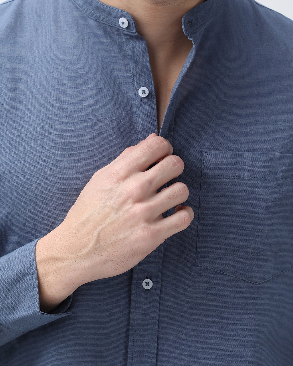 Bare Brown Mandarin Collar Cotton Linen Shirt, Slim Fit with Full Sleeves - Blue