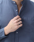 Bare Brown Mandarin Collar Cotton Linen Shirt, Slim Fit with Full Sleeves - Blue