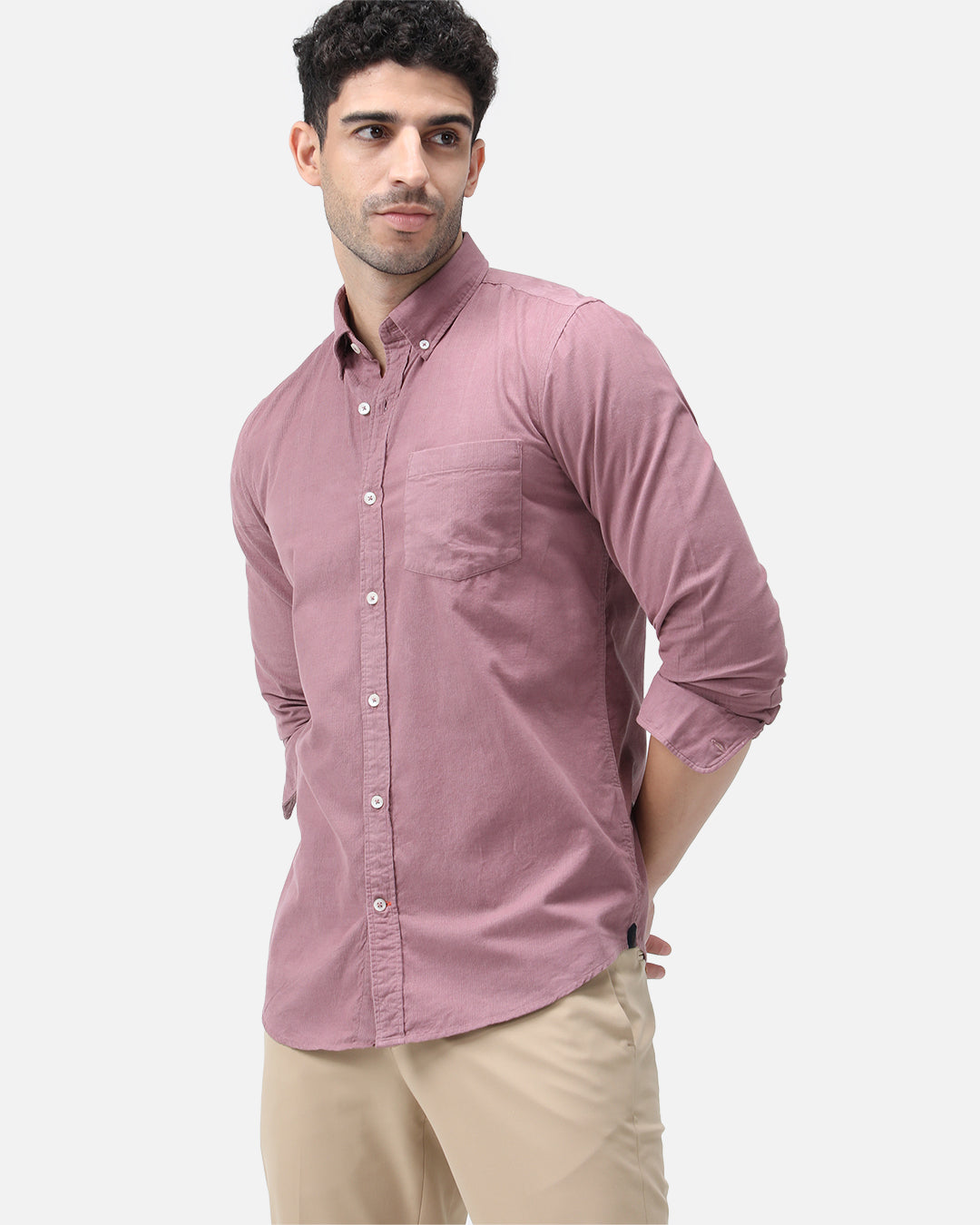 Bare Brown Corduroy Cotton Shirt, Slim Fit with Full Sleeves - Pink