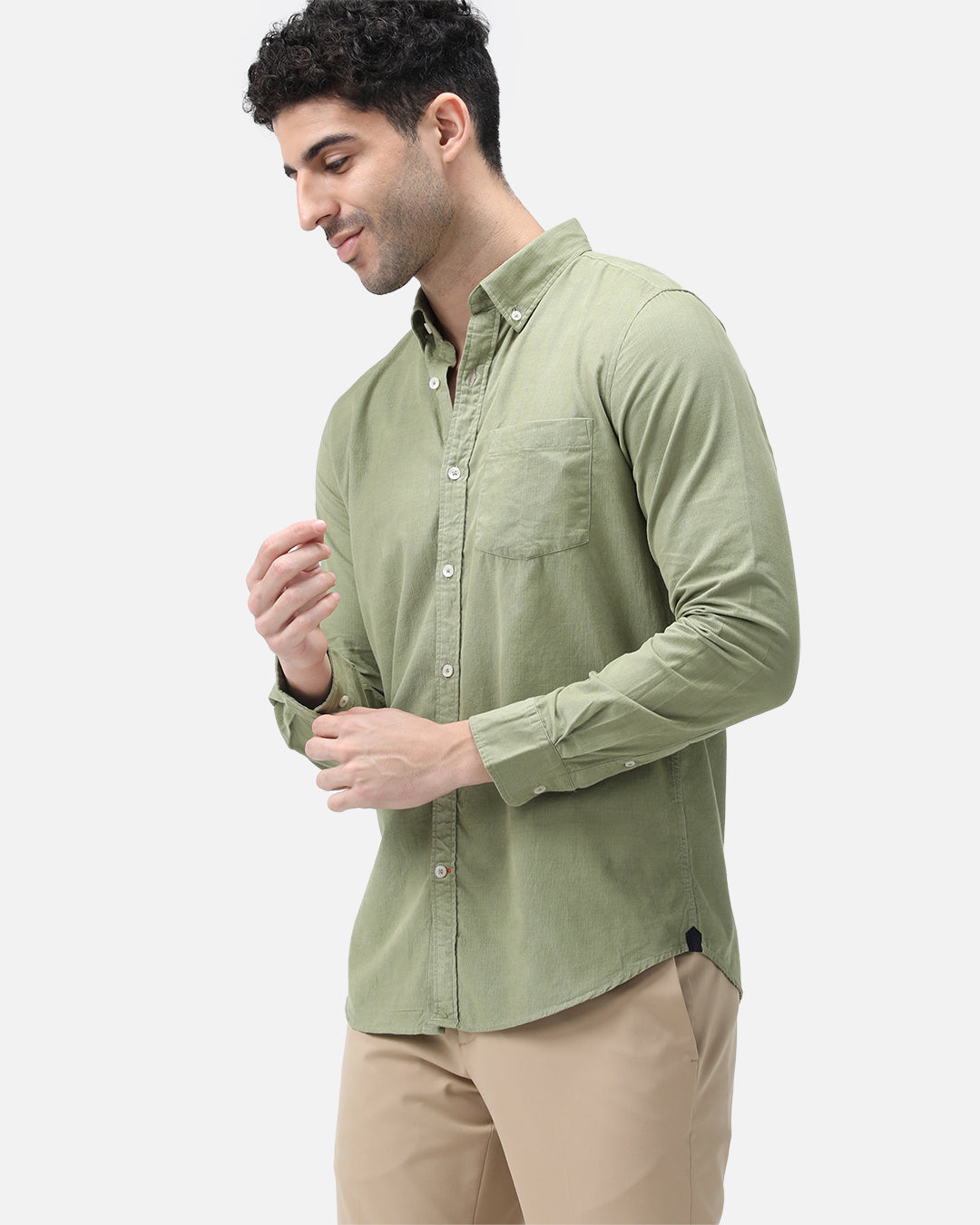 Bare Brown Corduroy Cotton Shirt, Slim Fit with Full Sleeves - Green