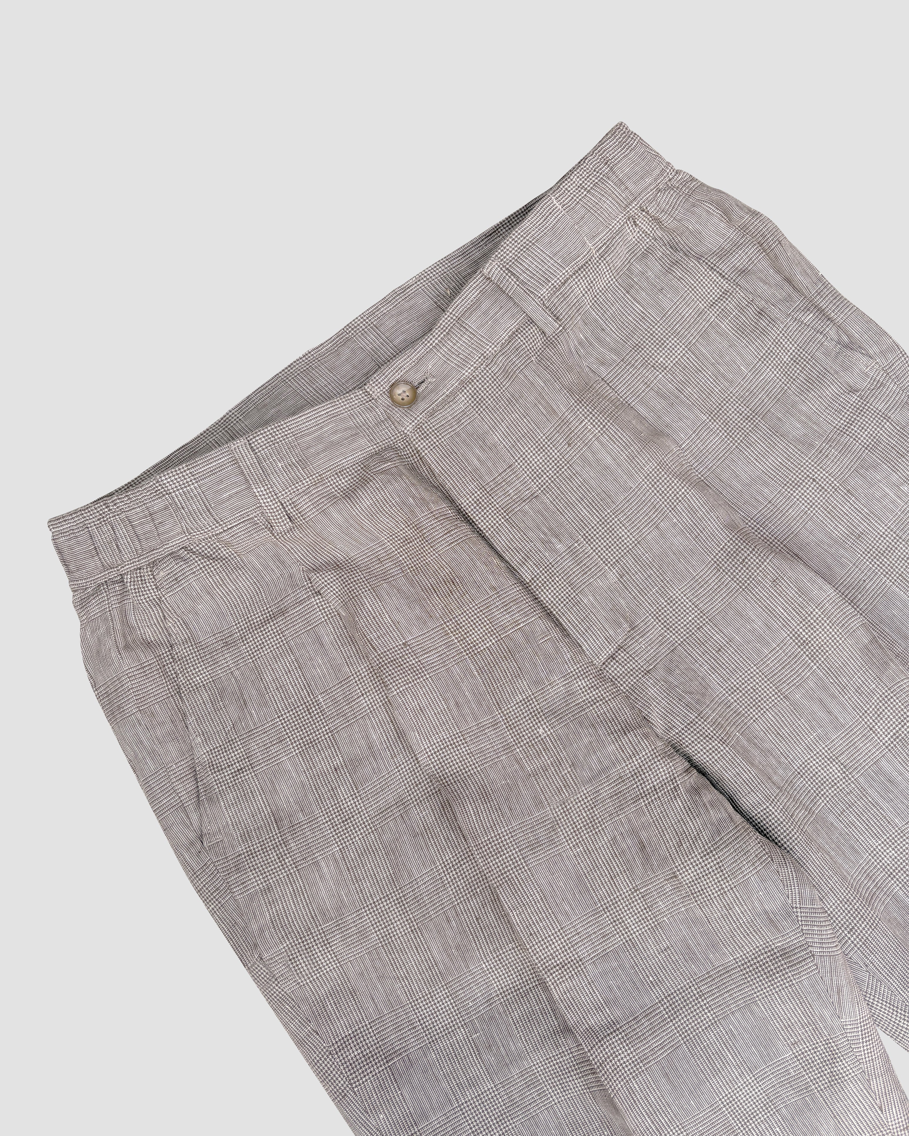 Bare Brown Relax Fit Linen Check Trouser with side Elastic - Brown