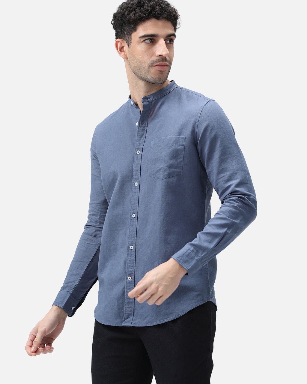 Bare Brown Mandarin Collar Cotton Linen Shirt, Slim Fit with Full Sleeves - Blue