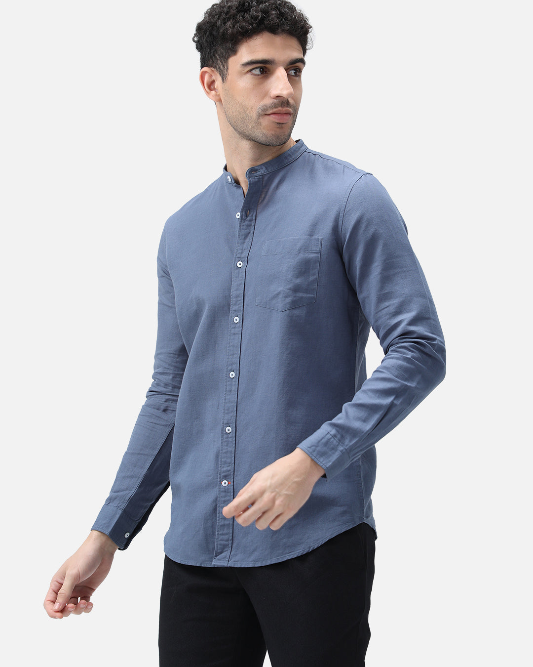 Bare Brown Mandarin Collar Cotton Linen Shirt, Slim Fit with Full Sleeves - Blue