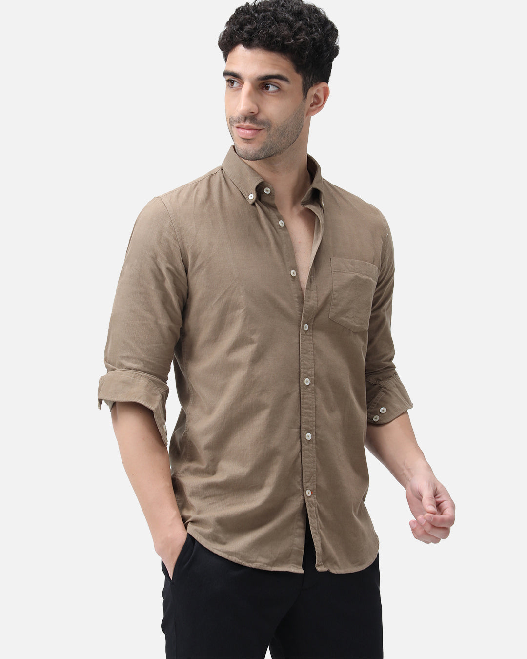 Bare Brown Corduroy Cotton Shirt, Slim Fit with Full Sleeves - Brown