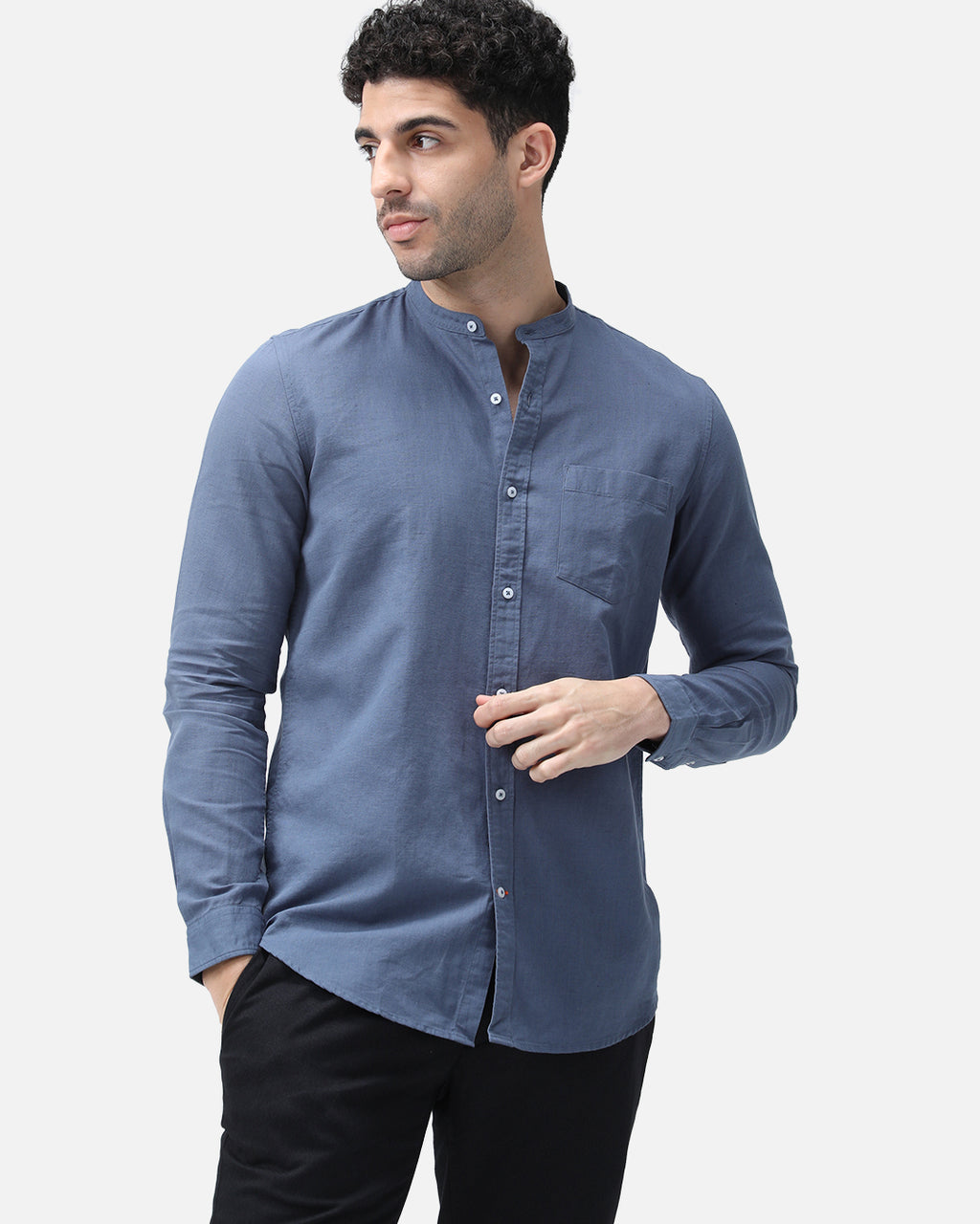 Bare Brown Mandarin Collar Cotton Linen Shirt, Slim Fit with Full Sleeves - Blue