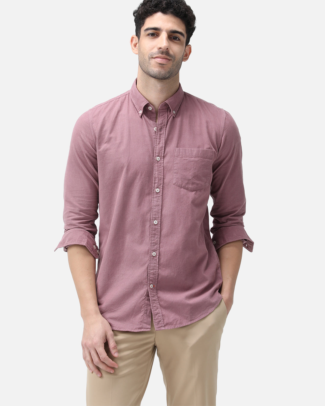 Bare Brown Corduroy Cotton Shirt, Slim Fit with Full Sleeves - Pink