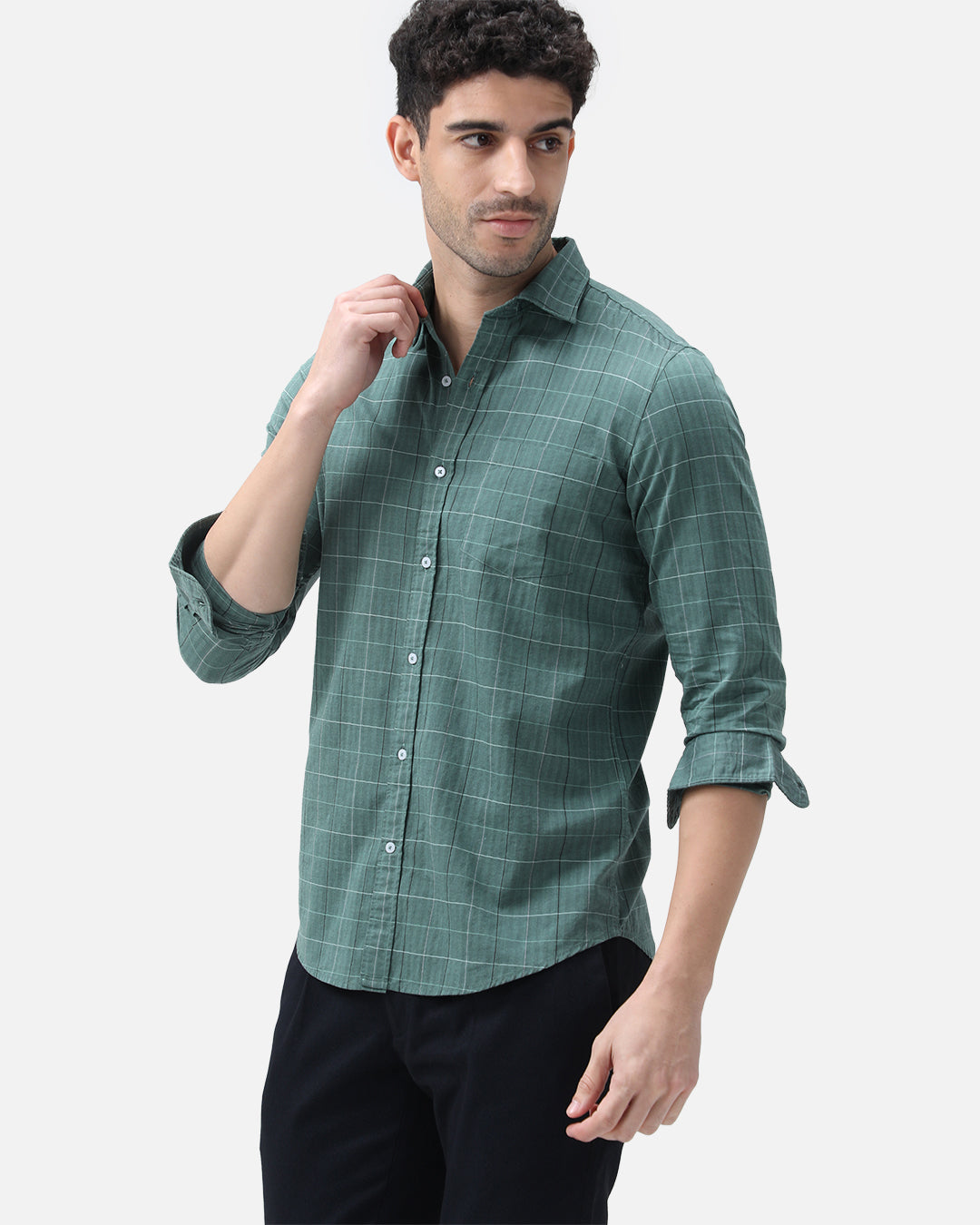 Bare Brown Checkered Cotton Green Shirt