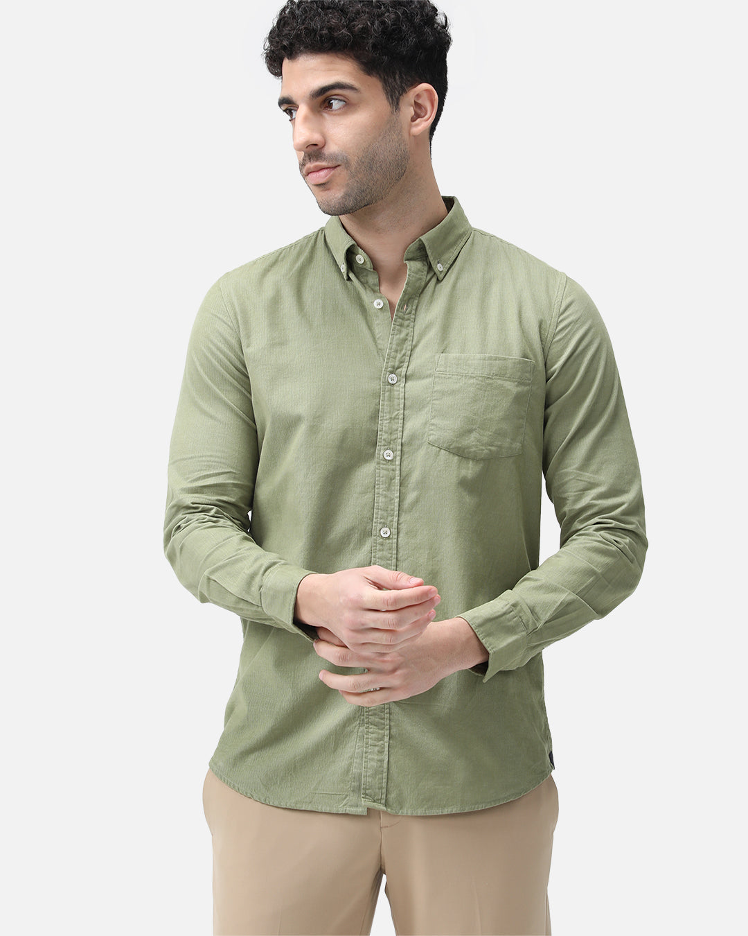 Bare Brown Corduroy Cotton Shirt, Slim Fit with Full Sleeves - Green