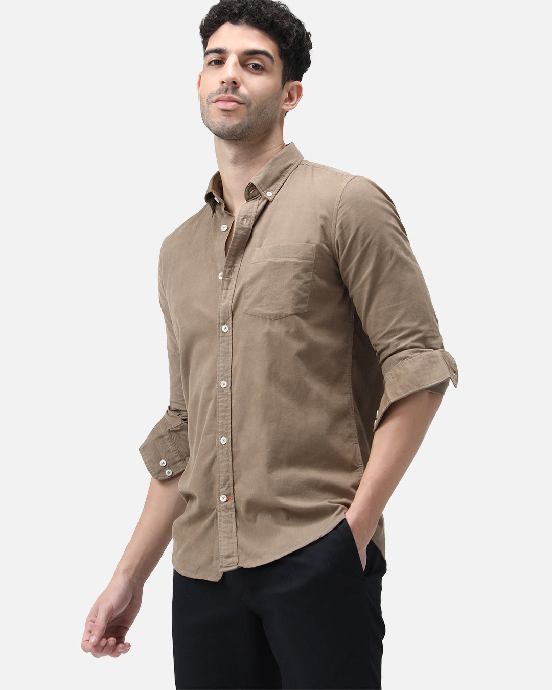 Bare Brown Corduroy Cotton Shirt, Slim Fit with Full Sleeves - Brown
