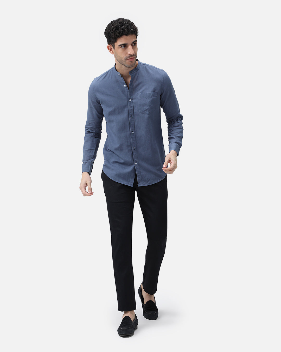 Bare Brown Mandarin Collar Cotton Linen Shirt, Slim Fit with Full Sleeves - Blue