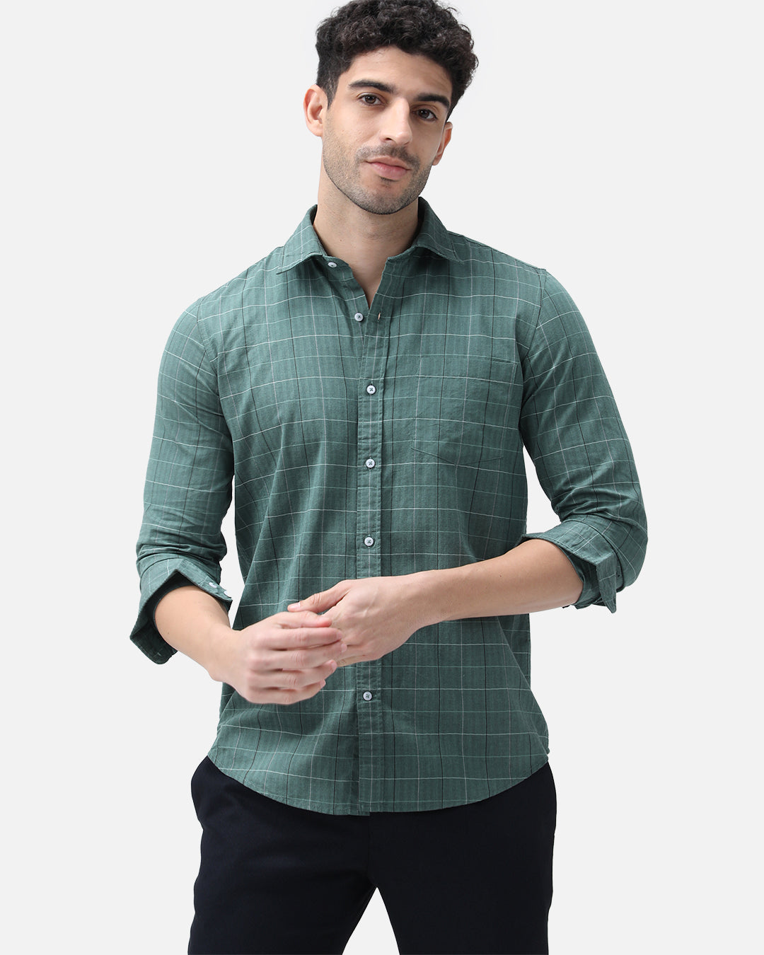 Bare Brown Checkered Cotton Green Shirt