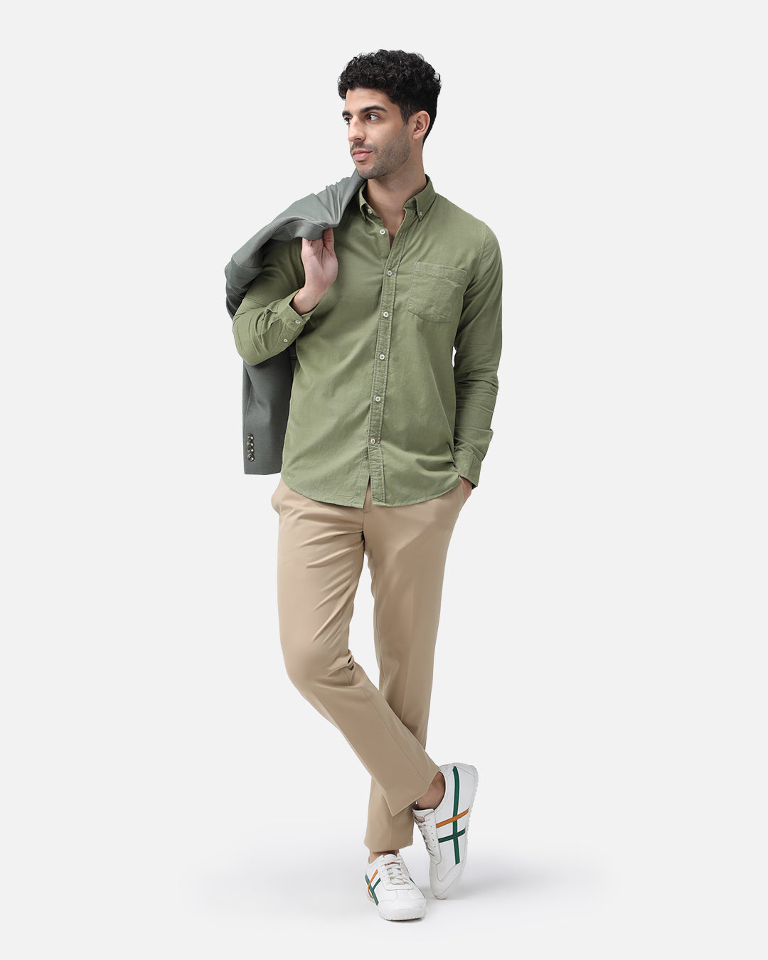 Bare Brown Corduroy Cotton Shirt, Slim Fit with Full Sleeves - Green