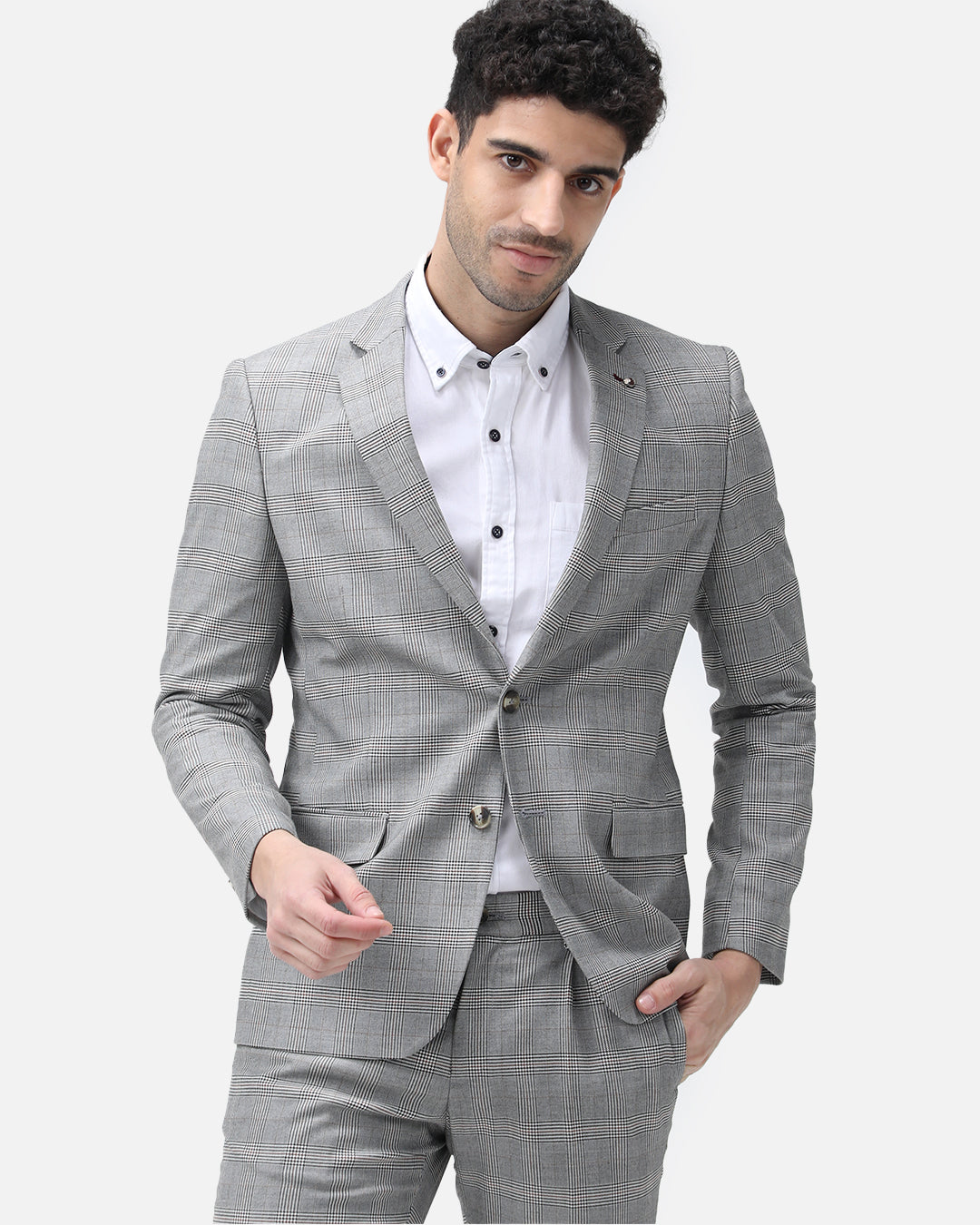 Bare Brown Casual Checkered Blazer - Grey