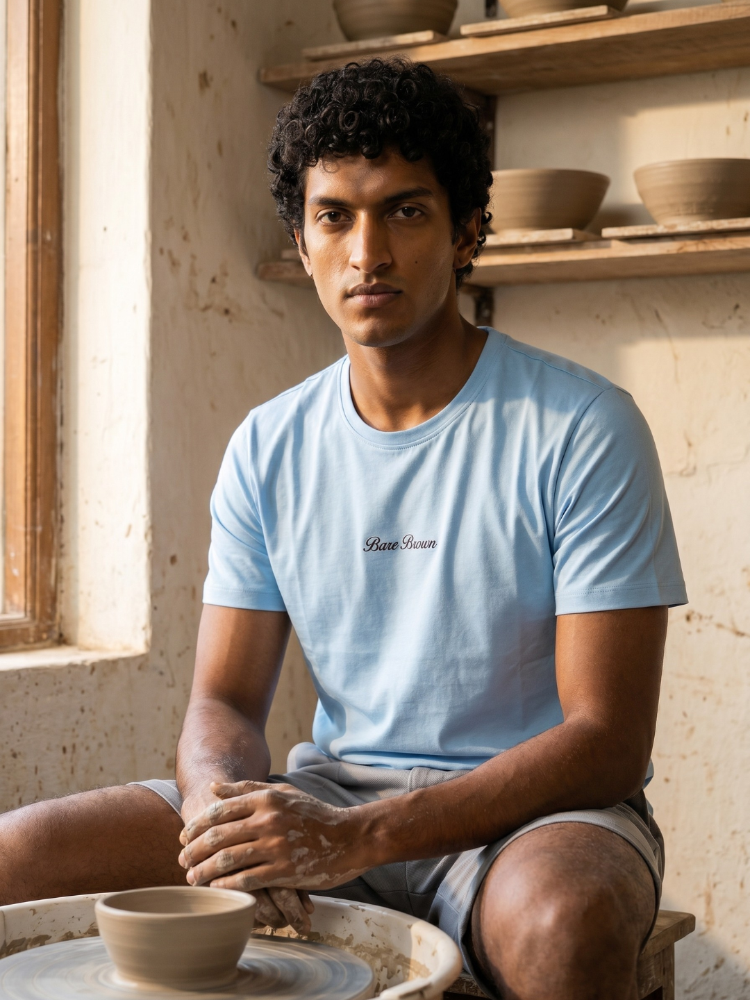 Bare Brown Blue Slim Fit Crew Neck T-Shirt