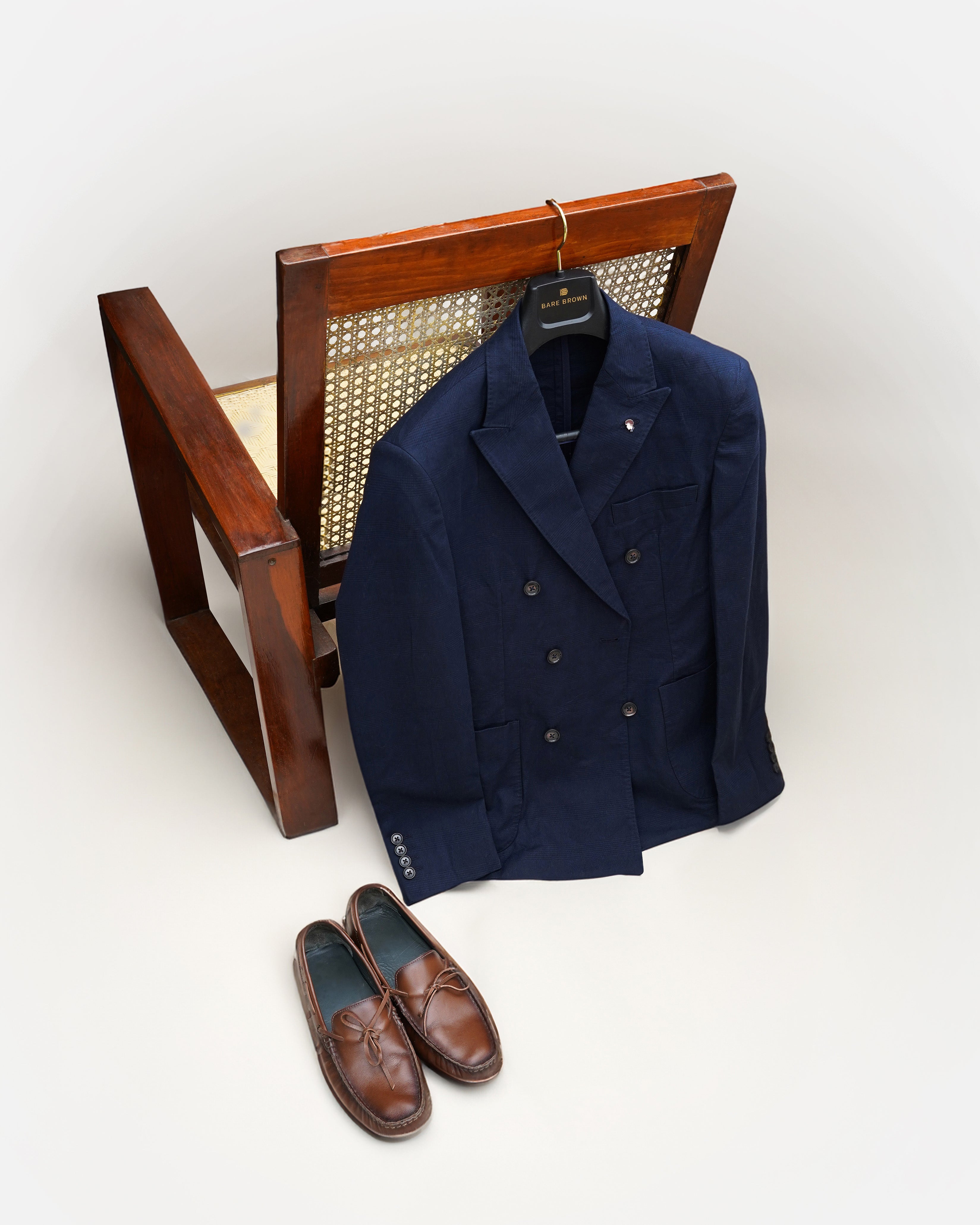 Bare Brown Casual Checkered Woven Blazer - Navy