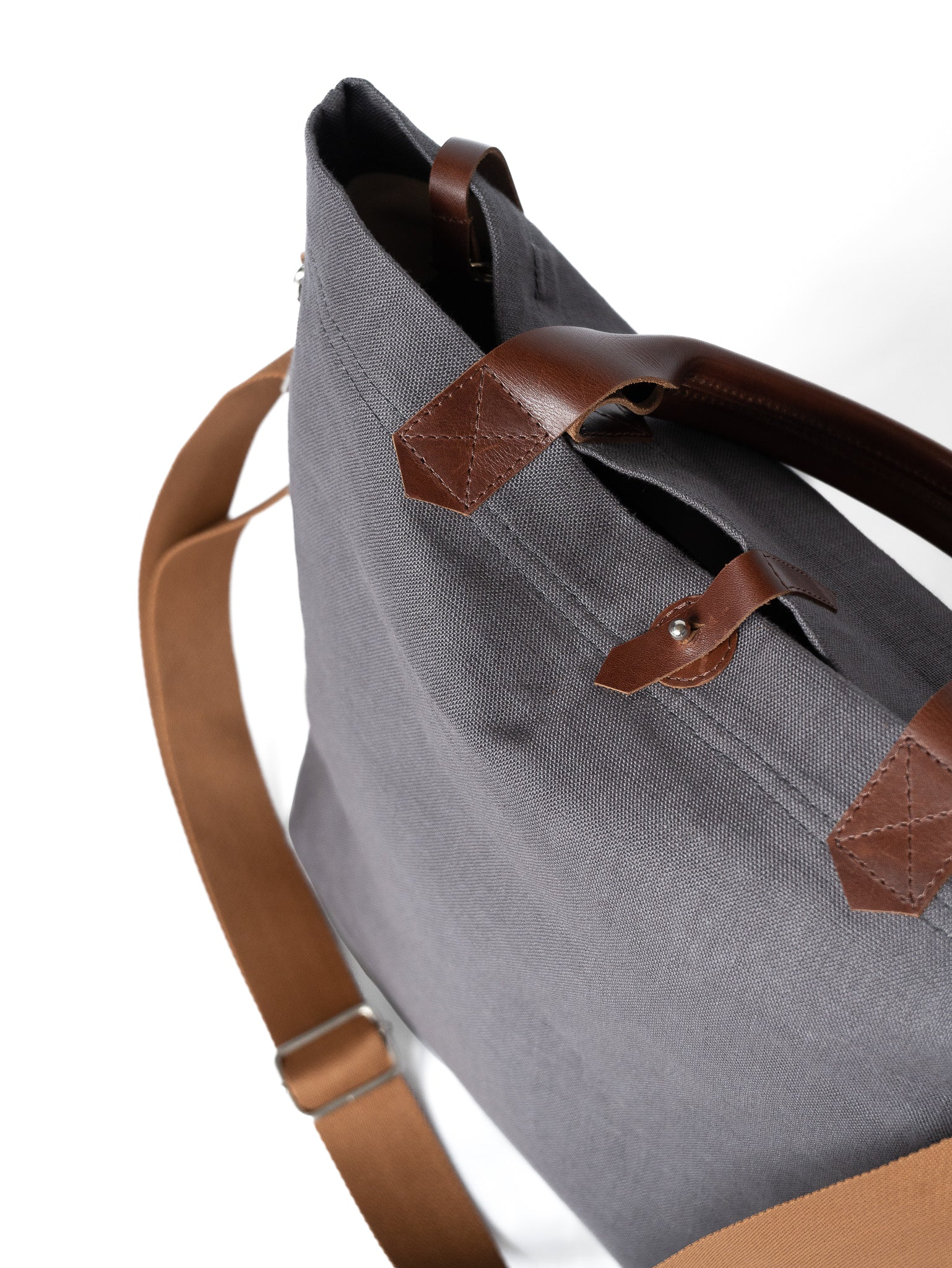 Versatile Leather Detailed Linen Canvas Tote Bag - Grey