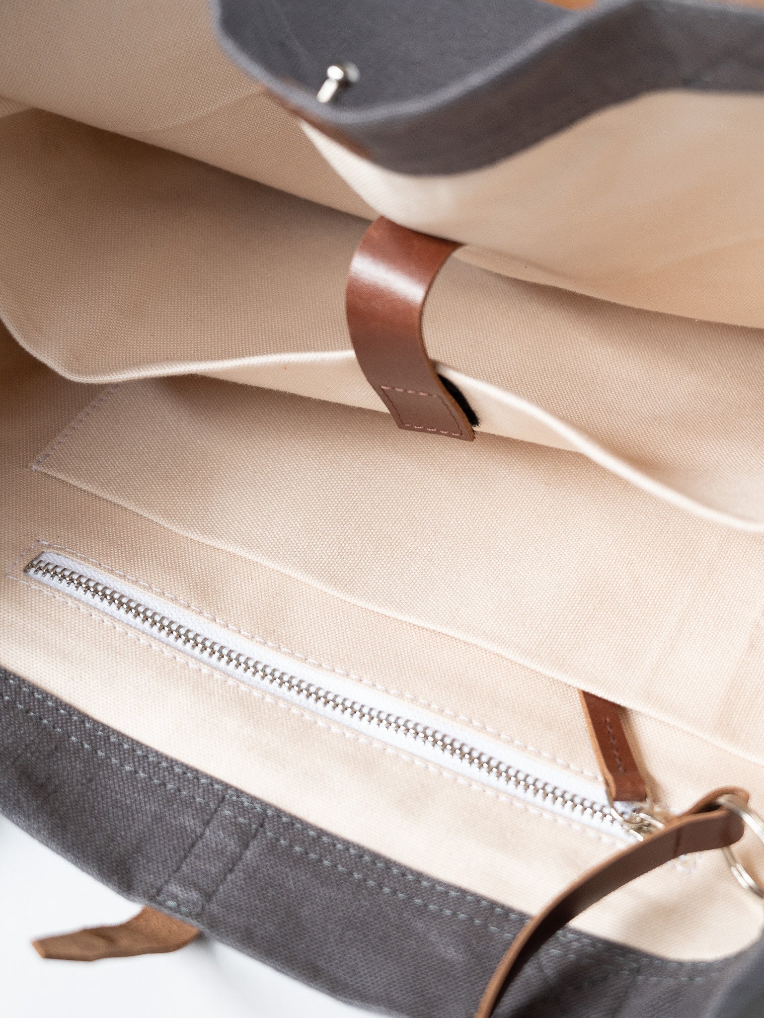 Versatile Leather Detailed Linen Canvas Tote Bag - Grey