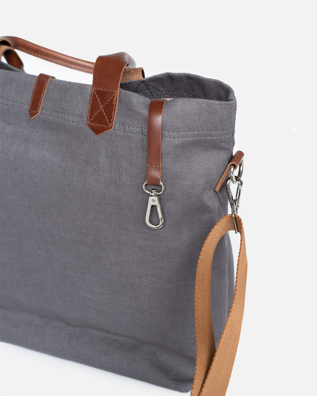 Versatile Leather Detailed Linen Canvas Tote Bag - Grey