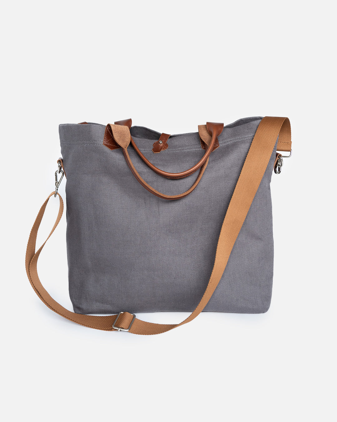 Versatile Leather Detailed Linen Canvas Tote Bag - Grey
