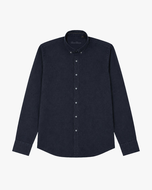 Bare Brown Button Down Collar Linen Shirt, Slim Fit with Full Sleeves- Navy