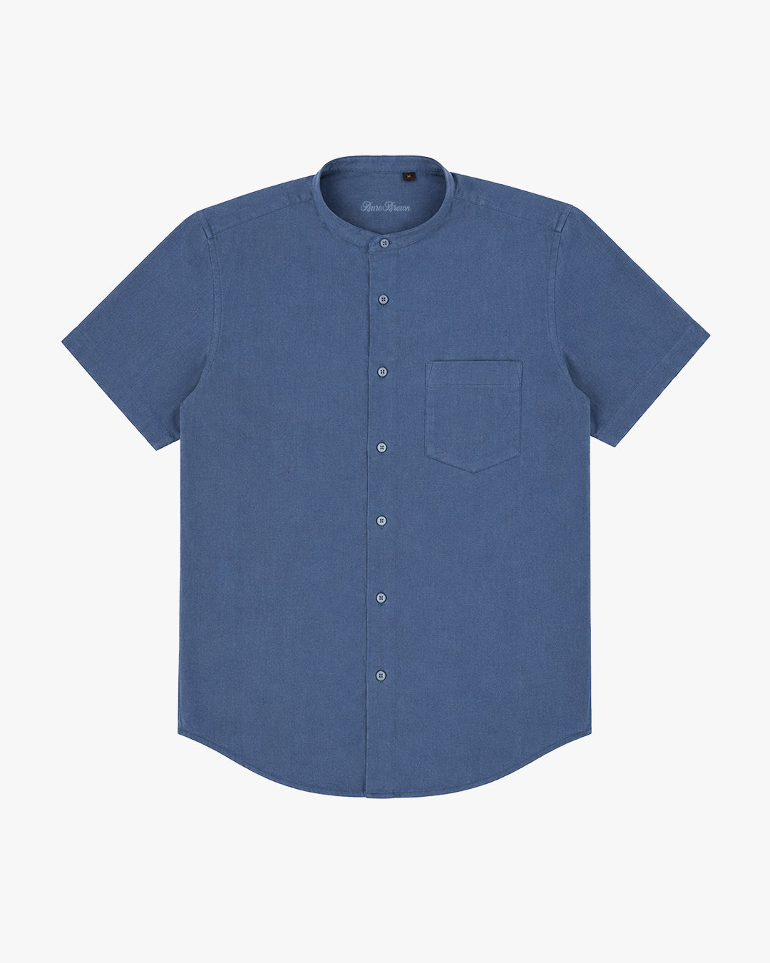 Bare Brown Mandarin Collar Cotton Linen Shirt, Slim Fit with Half Sleeves - Navy