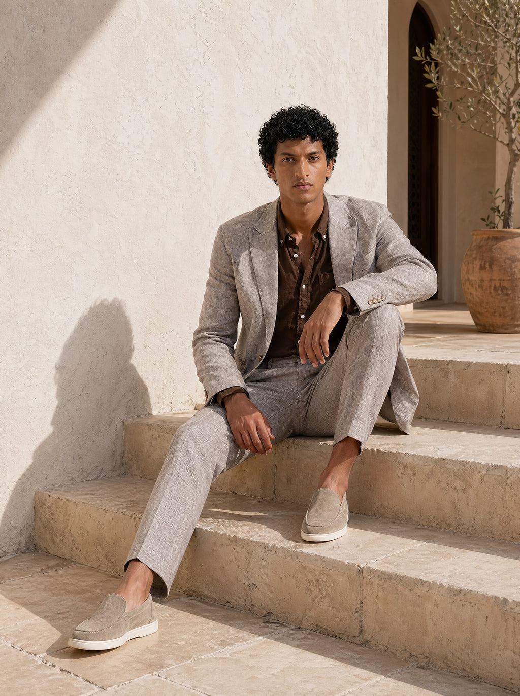 Bare Brown Linen Blazer - Brown Checkered