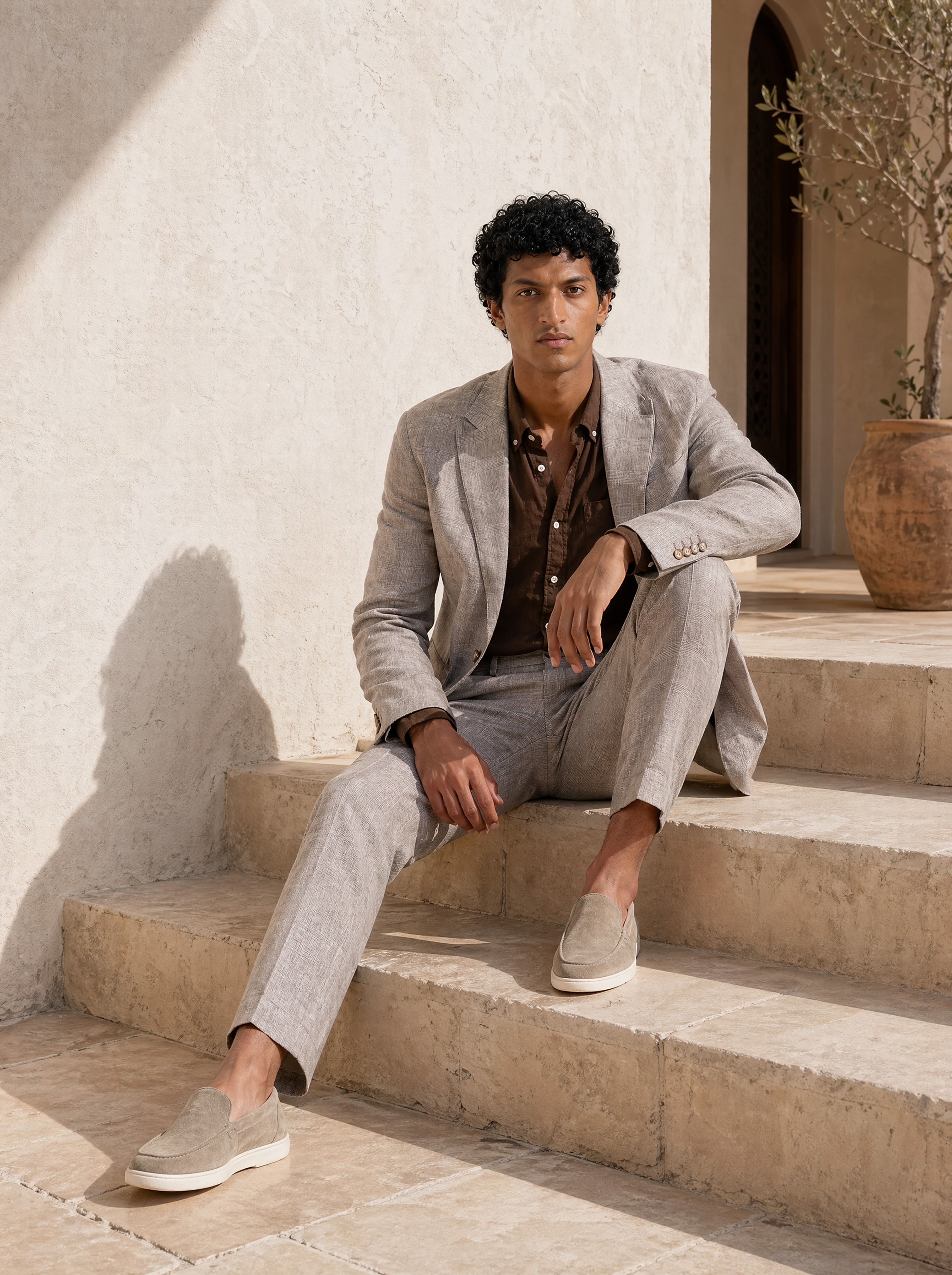 Bare Brown Linen Blazer - Brown Checkered