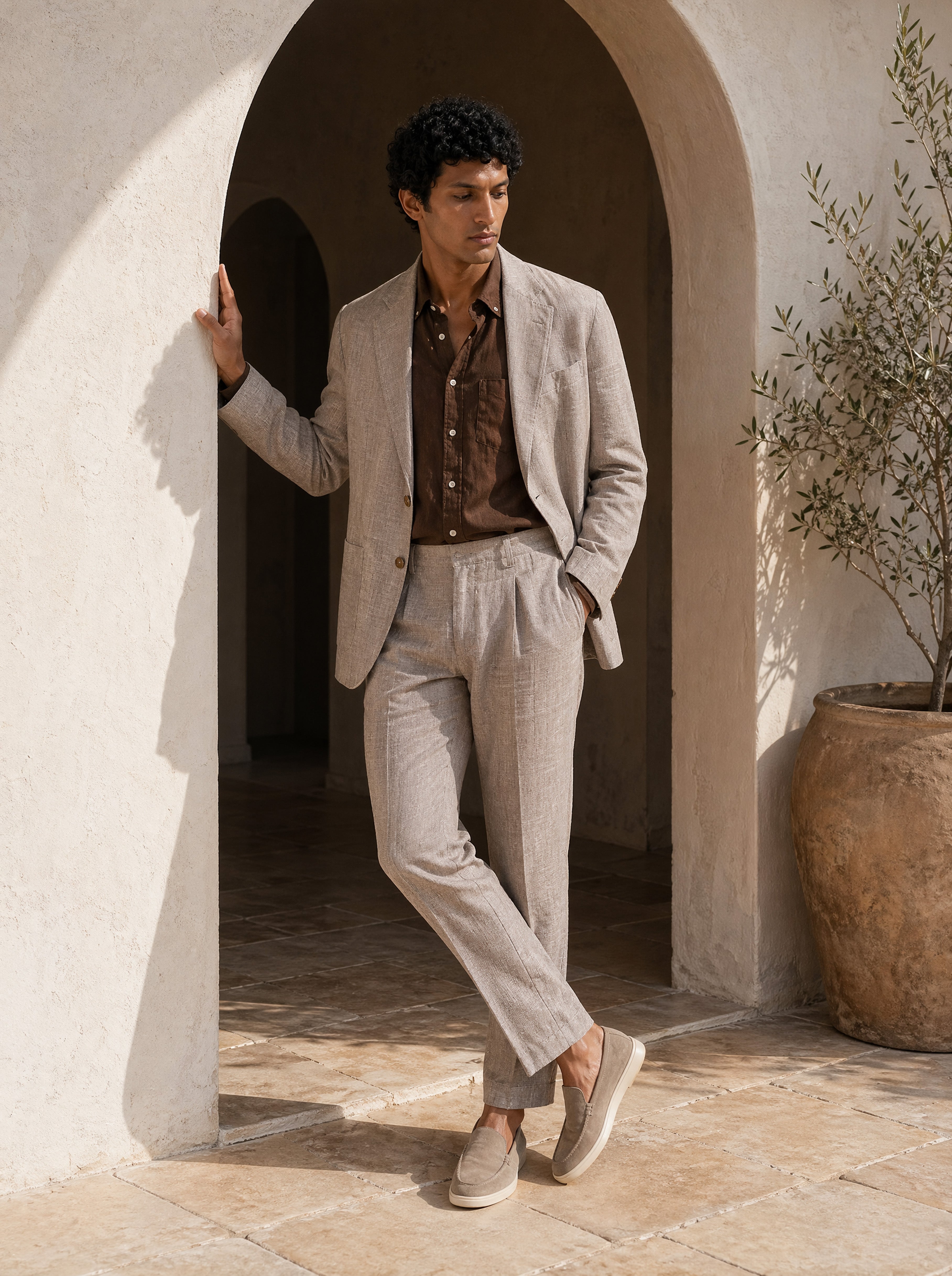 Bare Brown Linen Blazer - Brown Checkered