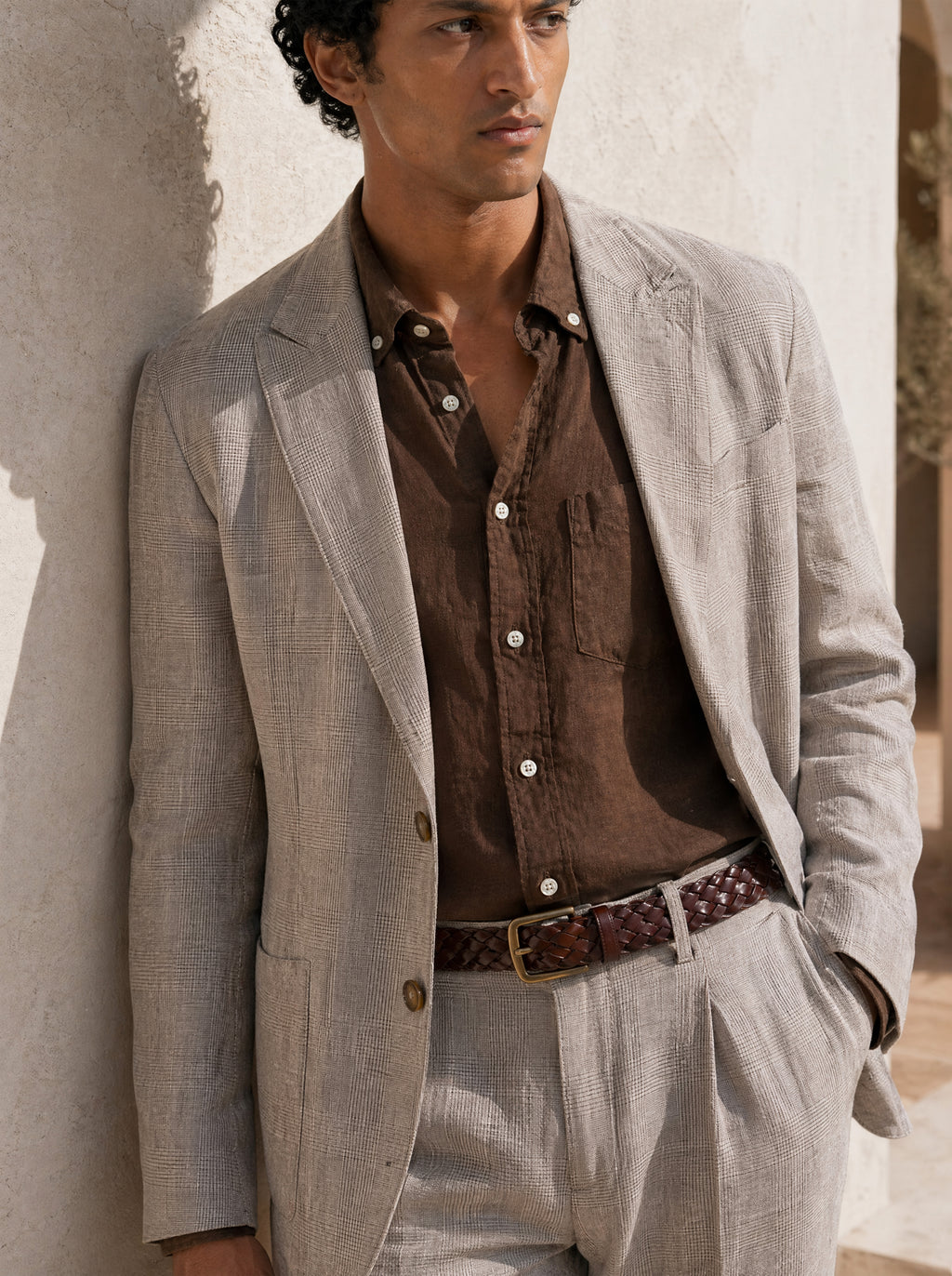 Bare Brown Linen Blazer - Brown Checkered