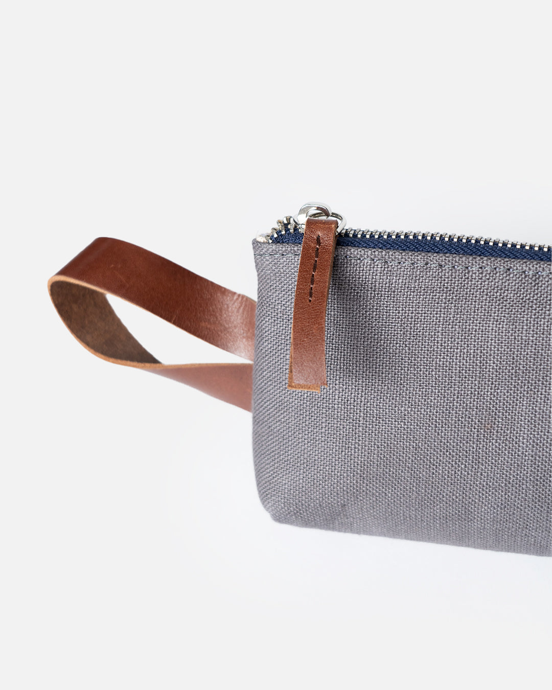 Linen Canvas Pouch with Genuine leather trim - Grey