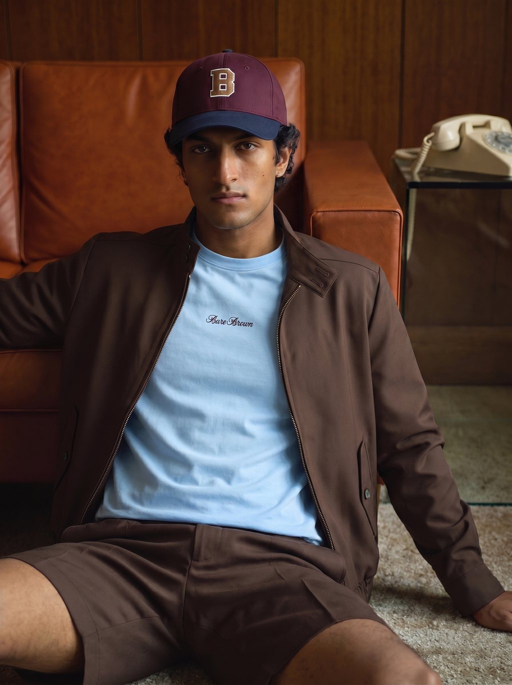 Bare Brown Blue Slim Fit Crew Neck T-Shirt