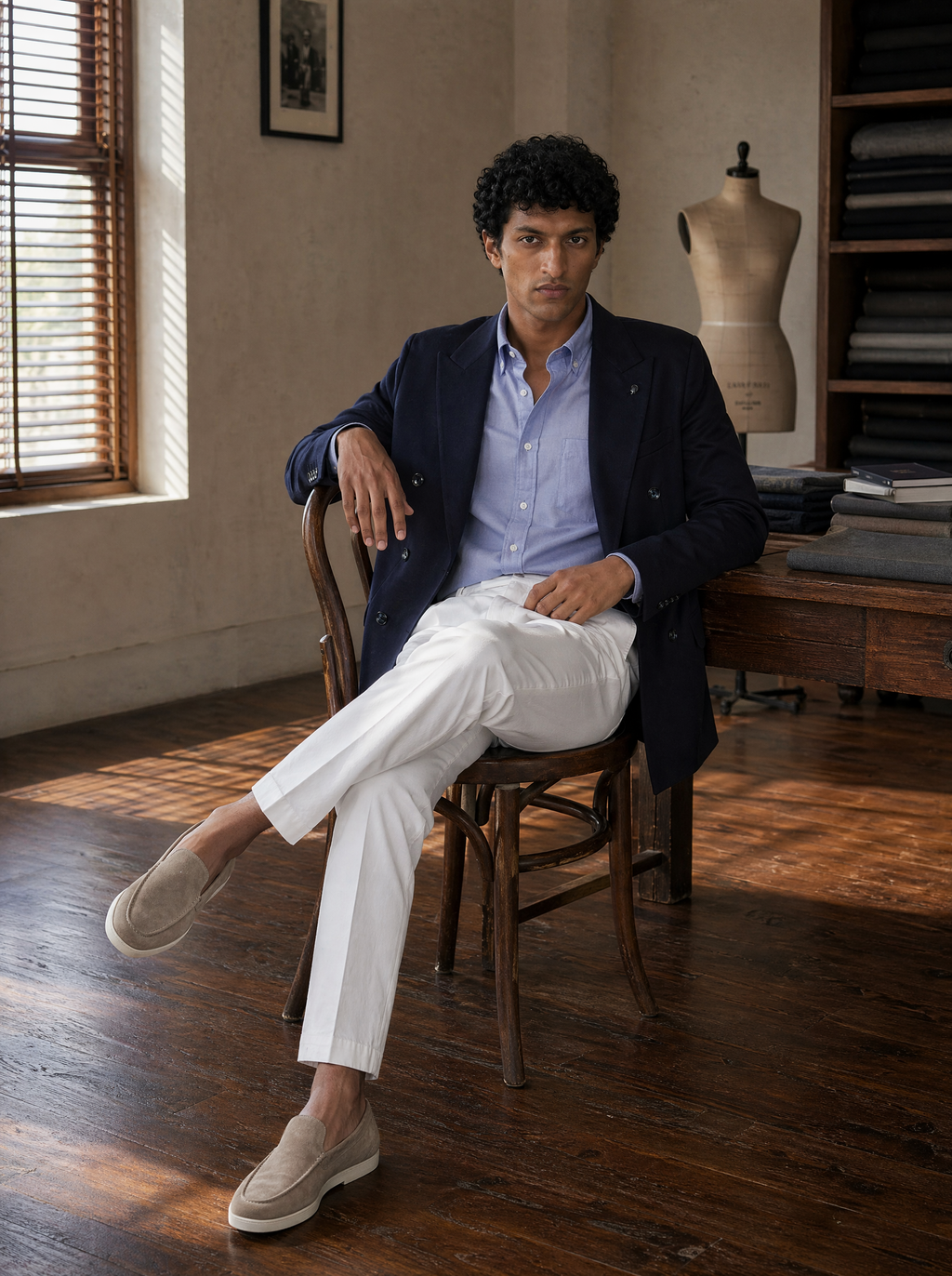Bare Brown Double Breasted Knit Blazer - Navy