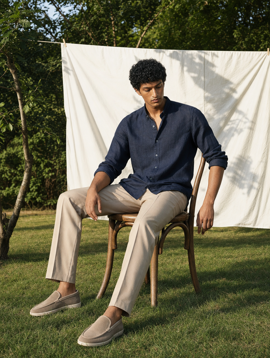 Bare Brown Button Down Collar Linen Shirt, Slim Fit with Full Sleeves- Navy