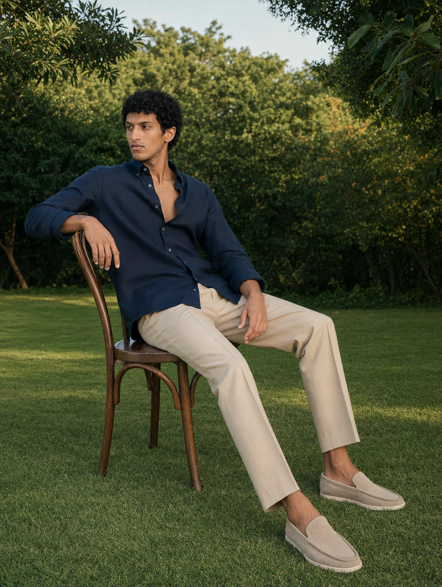 Bare Brown Button Down Collar Linen Shirt, Slim Fit with Full Sleeves- Navy