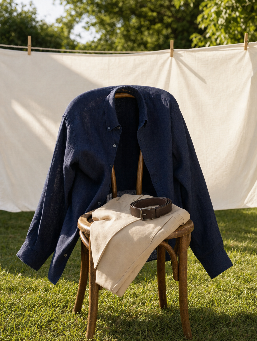 Bare Brown Button Down Collar Linen Shirt, Slim Fit with Full Sleeves- Navy