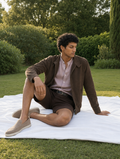Bare Brown Mandarin Collar Cotton Linen Shirt, Slim Fit with Half Sleeves - Beige