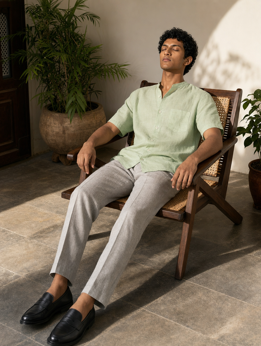 Bare Brown Mandarin Collar Cotton Linen Shirt, Slim Fit with Half Sleeves - Green