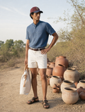 Bare Brown Mandarin Collar Cotton Linen Shirt, Slim Fit with Half Sleeves - Navy