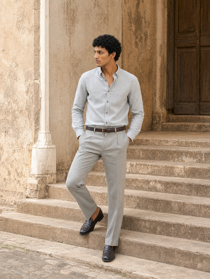 Bare Brown Button Down Collar Linen Cotton Shirt, Slim Fit with Full Sleeves - Beige
