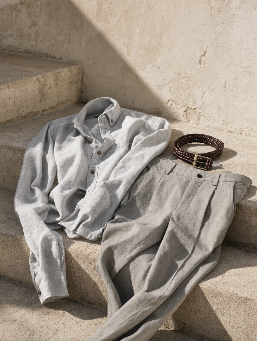 Bare Brown Button Down Collar Linen Cotton Shirt, Slim Fit with Full Sleeves - Beige