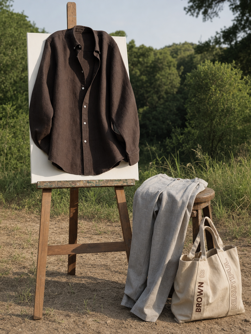 Bare Brown Button Down Collar Linen Shirt, Slim Fit with Full Sleeves - Brown