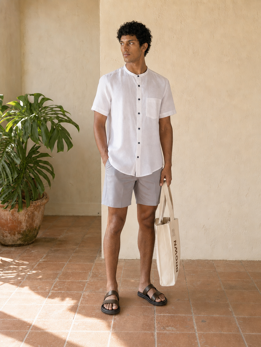 Bare Brown Mandarin Collar Cotton Linen Shirt, Slim Fit with Half Sleeves - White